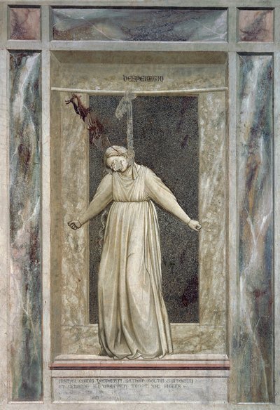 Rozpacz, postać kobieca wieszająca się i diabeł, który chwyta ją za włosy, Giotto (1267-1337), detal z cyklu fresków Wady i cnoty autorstwa Giotto (c.1266 1337)