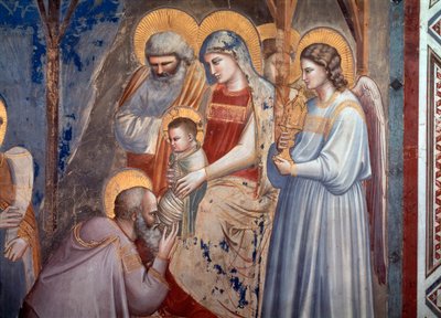 Adoracja Trzech Króli. Szczegół ukazujący maga pada na twarz przed Jezusem w ramionach Maryi pomiędzy Aniołem a Świętym Józefem (Fresco autorstwa Giotto (c.1266 1337)