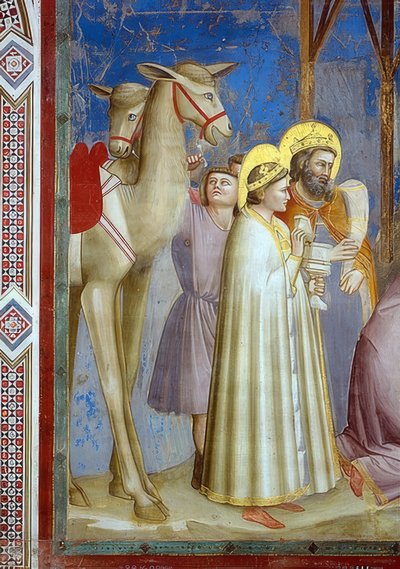 Adoracja Trzech Króli. Szczegół: dwa wielbłądy i królowie z ich darami. 1305 autorstwa Giotto di Bondone