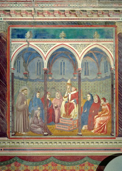 Św. Franciszek wygłasza kazanie do papieża Honoriusza III, 1297-99 autorstwa Giotto di Bondone