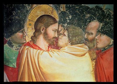 Zdrada Chrystusa, szczegół pocałunku, ok.1305 autorstwa Giotto di Bondone