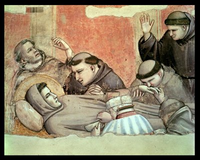 Śmierć św. Franciszka, fragment św. Franciszka i mnichów, fragment fresku kaplicy Bardi z 63329 autorstwa Giotto di Bondone