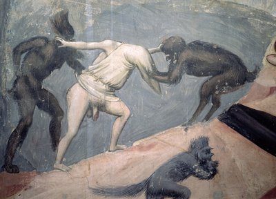 Sąd Ostateczny: Piekło, fragment jednego z potępionych zabranych przez dwa demony, c.1303-05 autorstwa Giotto di Bondone