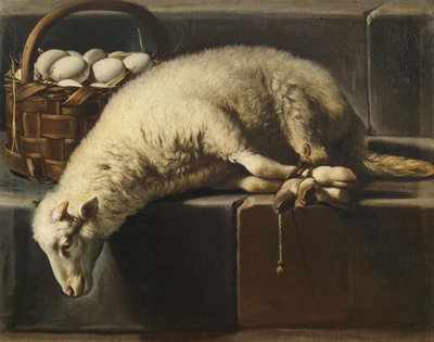 Podwiązany baranek obok koszyka jaj Alegoria Wielkanocy, II poł. XVII w. autorstwa Giovan Battista Recco