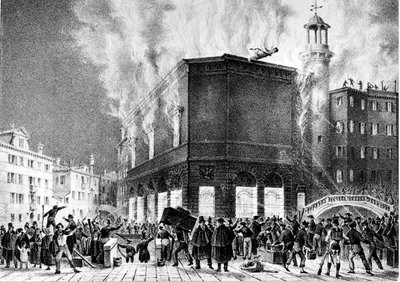 Pożar teatru La Fenice w Wenecji w 1836 r. Grawer Giovanniego Pividora. Mediolan, Konserwatorium G. Verdiego. autorstwa Giovanni (after) Pividor