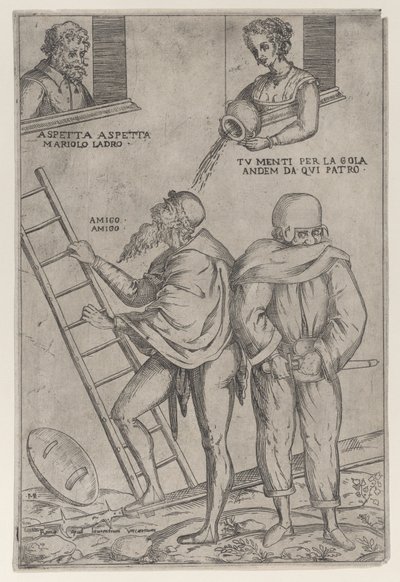 Mężczyzna wspina się po drabinie, a kobieta oblewa go wodą z góry, 1575-99. autorstwa Giovanni Ambrogio Brambilla