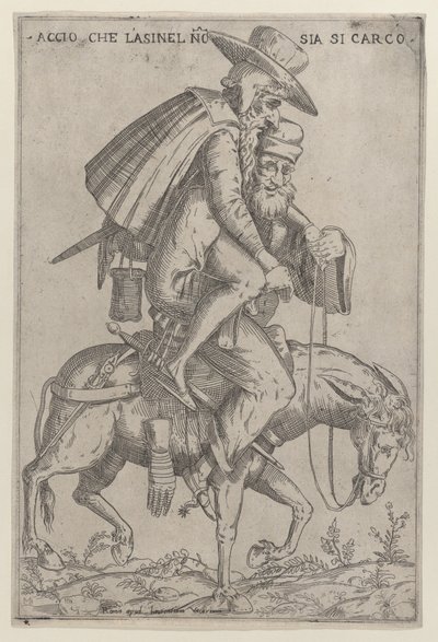 Karykatura z dwoma mężczyznami na mule, 1575-99. autorstwa Giovanni Ambrogio Brambilla