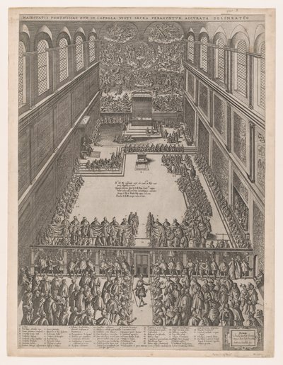 Lustro rzymskiej świetności: spotkanie papieskie w Kaplicy Sykstyńskiej, L... Michała Anioła, 1582. autorstwa Giovanni Ambrogio Brambilla