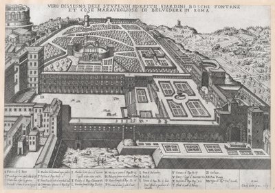 Lustro rzymskiej świetności: widok z lotu ptaka Belwederu i jego ogrodów, 1579., 1579. autorstwa Giovanni Ambrogio Brambilla.