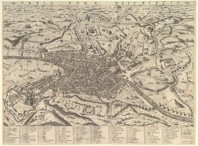 Lustro rzymskiej świetności: widok współczesnego Rzymu z zachodu, 1590. autorstwa Giovanni Ambrogio Brambilla