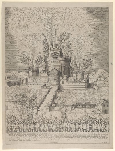 Pokaz sztucznych ogni „Girandola” w Zamku Świętego Anioła w Rzymie, nocna s..., 1579. autorstwa Giovanni Ambrogio Brambilla