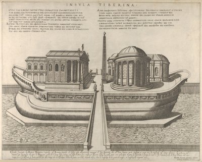 Widok na Wyspę Tybru reprezentowaną jako statek, Świątynia Eskulapa po lewej, 1582., 1582. autorstwa Giovanni Ambrogio Brambilla