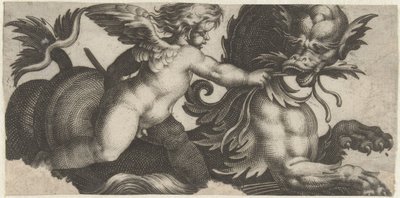Putto karmi potwora morskiego liściem Fryzowie z morskimi potworami (tytuł serii) autorstwa Giovanni Andrea Maglioli