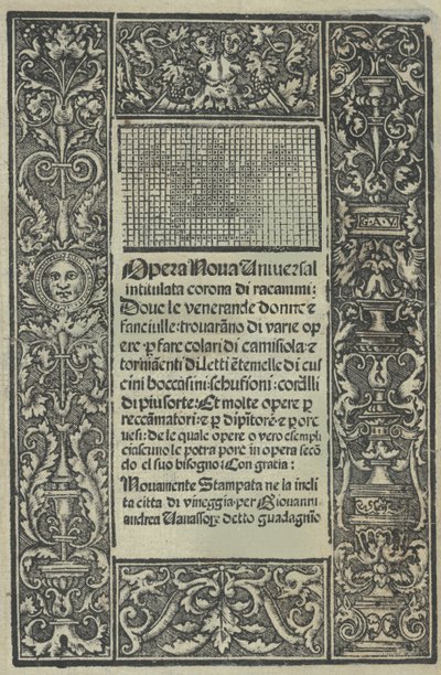 Opera Nova Universali zatytułowana Corona di racammi, strona tytułowa recto, [1530]. autorstwa Giovanni Andrea Vavassore