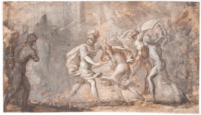 Tarpeia zmiażdżona pod tarczami Sabinów autorstwa Giovanni Angelo Canini