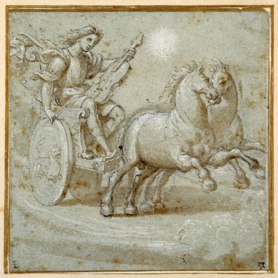 Apollo siedział w swoim rydwanie ze swoją wiolą (czarna kreda, długopis i brązowy atrament z brązowym lakierem wzmocnionym białym kolorem ciała na carta azzurra) autorstwa Giovanni Antonio (circle of) Pordenone