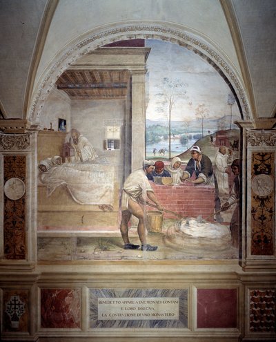 Benedykt ukazuje się dwóm mnichom i przedstawia im projekt klasztornego fresku z chóru autorstwa Antonio Bazzi dit il Sodoma (1477 - 1549) opowiadającego o życiu św. Benedykta z Nursji (480 - 567) założyciela Zakonu Benedyktynów 1503 - 1508 Ab autorstwa Giovanni Antonio Bazzi Sodoma