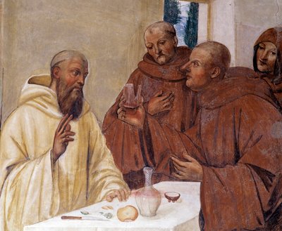 Benedykt tłucze kieliszek zatrutego wina czyniąc znak krzyża Detal fresk kryjówki autorstwa Antonio Bazzi dit il Sodoma (1477 - 1549) opowiadający o życiu św. Benedykta z Nursji (480 - 567) założyciela Zakonu Benedyktynów 1503 - 1508 autorstwa Giovanni Antonio Bazzi Sodoma