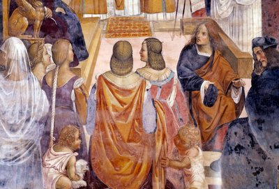 Benedykt ekskomunikował dwie zakonnice i rozgrzeszył je po ich śmierci Szczegół Fresk krużgankowy autorstwa Antonio Bazzi dit il Sodoma (1477 - 1549) opowiadający o życiu św. Benedykta z Nursie (480 - 567) założyciela zakonu benedyktynów 1503 - 1508 Opactw autorstwa Giovanni Antonio Bazzi Sodoma