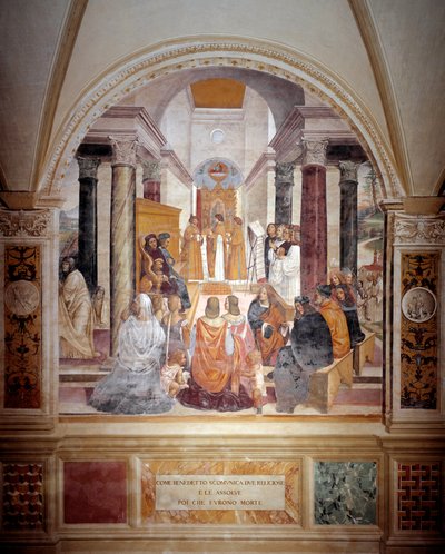 Benedykt ekskomunikował dwie zakonnice i rozgrzeszył je po ich śmierci fresk klasztorny autorstwa Antonio Bazzi dit il Sodoma (1477 - 1549) opowiadający o życiu św. Benedykta z Nursji (480 - 567) założyciela Zakonu Benedyktynów 1503 - 1508 Ab autorstwa Giovanni Antonio Bazzi Sodoma