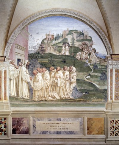 Benedykt zapoczątkował źródło na szczycie góry Fresk klasztoru wykonany przez Antonio Bazzi dit il Sodoma (1477 - 1549) opowiadający o życiu św. Benedykta z Nursie (480 - 567) założyciela Zakonu Benedyktynów 1503 - 1508 Opactwo Monte Oliveto autorstwa Giovanni Antonio Bazzi Sodoma