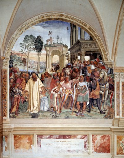 Benoit przyjmuje dwóch młodych Rzymian Maura i Placide (św Benedykt przyjmuje dwóch powieści chłopców Mauro i Placido) Fresk klasztoru wykonany przez Antonio Bazzi dit il Sodoma (1477 - 1549) opowiadający o życiu założyciela św. Benedykta z Nursie (480 - 5 autorstwa Giovanni Antonio Bazzi Sodoma