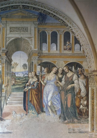 Florentius wysyła nierządnice do klasztoru, scena z życia św. Benedykta autorstwa Giovanni Antonio Bazzi Sodoma
