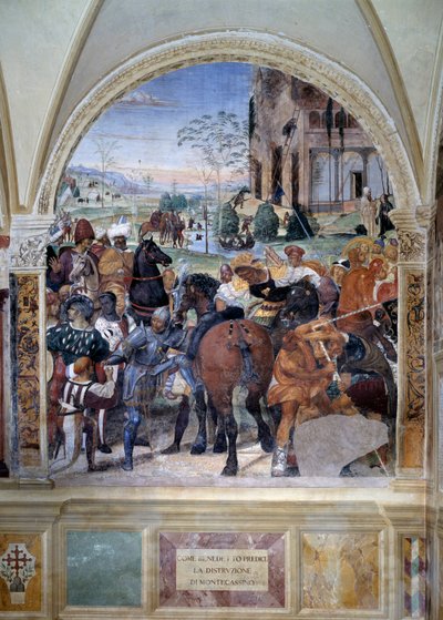 Jak Benedykt przepowiada zniszczenie Monte Cassino (św. Benedykt przepowiada zniszczenie Monte Cassino) Detal - fresk krużganka autorstwa Antonio Bazzi dit il Sodoma (1477 - 1549) opowiadający o życiu św. Benedykta z Nursie (480 - 567) fou autorstwa Giovanni Antonio Bazzi Sodoma