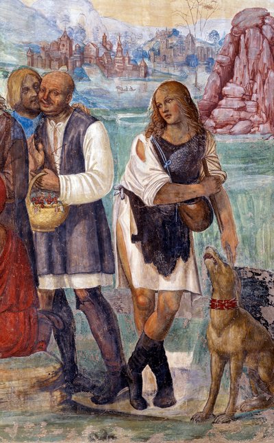 Jak Benedykt naucza świętej nauki chłopów, którzy go odwiedzają Szczegółowy fresk klasztorny zrealizowany przez Antonio Bazzi dit il Sodoma (1477 - 1549) opowiadający o życiu św. Benedykta z Nursji (480 - 567) założyciela Zakonu Benedyktynów 1503 - autorstwa Giovanni Antonio Bazzi Sodoma