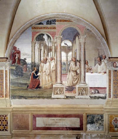 Jak Florent próbuje otruć Benoita (Jak Fiorenzo próbuje otruć św Benedykta) - Fresk na ścianie wykonany przez Antonio Bazzi dit il Sodoma (1477 - 1549) opowiadający o życiu św. Benedykta (480 - 567) założyciela zakonu benedyktynów 1503 - 1508 Opactwo Monte autorstwa Giovanni Antonio Bazzi Sodoma