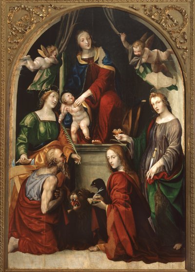 Madonna z Dzieciątkiem i Aniołami wśród świętych Hieronima, Katarzyny Aleksandryjskiej, Łucji i Jana Ewangelisty, c.1513 autorstwa Giovanni Antonio Bazzi Sodoma