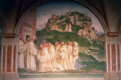 Św. Benedykt błagany przez mnichów, produkujących wodę ze szczytu góry, scena z Opowieści św. Benedykta z Monte Oliveto Maggiore autorstwa Giovanni Antonio Bazzi Sodoma
