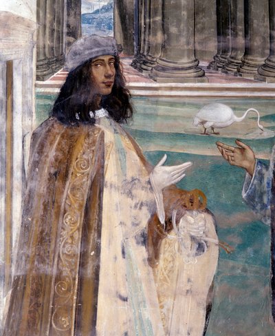 Św. Benedykt naprawia złamane sito Autoportret artysty - Detal Fresk garderoby zrealizowany przez Antonio Bazzi dit il Sodoma (1477 - 1549) opowiadający o życiu św. Benedykta z Nursji (480 - 567) założyciela Zakonu Benedyktynów 1503 - 1508 autorstwa Giovanni Antonio Bazzi Sodoma
