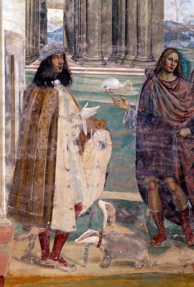Św. Benedykt naprawia pęknięte sito Autoportret artysty - Detal Fresk garderoby zrealizowany przez Antonio Bazzi dit il Sodoma (1477 - 1549) opowiadający o życiu św. Benedykta z Nursji (480 - 567) założyciela Zakonu Benedyktynów 1503 - 1508 autorstwa Giovanni Antonio Bazzi Sodoma