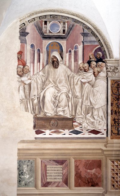 Św. Benedykt nadaje regułę mnichom (Benedykt nadaje reguły mnichom) fresk klasztorny wykonany przez Antonio Bazzi dit il Sodoma (1477 - 1549) opowiadający o życiu św. Benedykta z Nursji (480 - 567) założyciela Zakonu benedyktynów 1503 autorstwa Giovanni Antonio Bazzi Sodoma