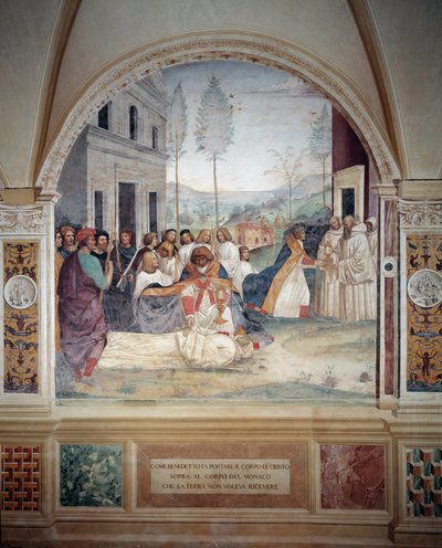 Św. Benedykt niesie ciało Chrystusa na ciele mnicha, którego ziemia odmawia zakopania fresku chrustu wykonanego przez Antonio Bazzi dit il Sodoma (1477 - 1549) opowiadającego o życiu św. Benedykta z Nursie (480 - 567) założyciela Zakon Benedykta autorstwa Giovanni Antonio Bazzi Sodoma