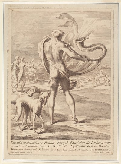 Nagi mężczyzna dmuchający w muszlę autorstwa Giovanni Antonio Faldoni after Parmigianino