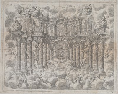 Płyta 2 [przeciwdowód]: Zestaw sceniczny z alegorycznymi postaciami siedzącymi wśród chmur, z..., 1690. autorstwa Giovanni Antonio Lorenzini