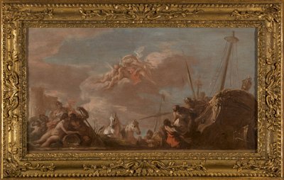 Szkic sufitu Banque Royale: Le Déchargement en bord de Seine de marchandises en provenance de la Louisiane, en 1720 (olej na płótnie (splot)) autorstwa Giovanni Antonio Pellegrini
