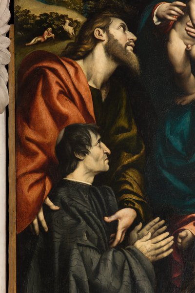 Ołtarz św Katarzyny, Madonny z Dzieciątkiem pomiędzy świętymi Filipem i Jakubem a darczyńcą Giacomo Schizzi, Il Pordenone 1522, Szczegół autorstwa Giovanni Antonio Pordenone