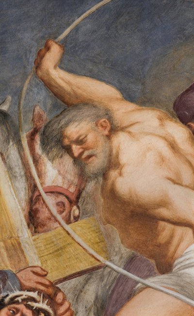 Nawa główna, drugie przęsło południowe, Jezus upada pod krzyżem, Il Pordenone autorstwa Giovanni Antonio Pordenone