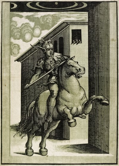 Marcus Curtius, ok. 1540 (drzewo światłocieniowy z 3 bloków) autorstwa Giovanni Antonio Pordenone