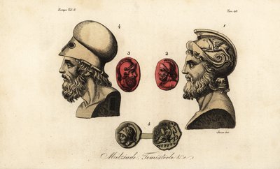 Popiersia i klejnoty ateńskich polityków Miltiadesa Młodszego 1,2, Temistoklesa 3,4 i króla Pyrrusa I 5 autorstwa Giovanni Antonio Sasso