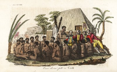Os nativos havaianos oferecem um porco de sacrifício ao capitão James Cook diante de 12 sacerdotes e um ídolo de madeira na casa sagrada de Orono. Placa de cobre colorida à mão gravada por Sasso após John Webber de Giulio Ferrario