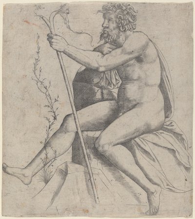 Siedzący mężczyzna trzymający rozwidlony kij autorstwa Giovanni Antonio da Brescia