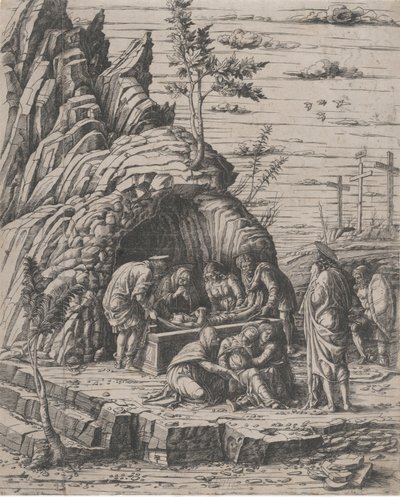 Złożenie do grobu Chrystusa złożonego przez dwóch mężczyzn do kamiennego grobu przed..., ok. godz. 1470-1500. autorstwa Giovanni Antonio da Brescia