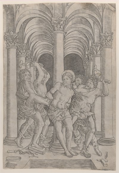 Biczowanie Chrystusa przywiązanego do kolumny pośrodku ustawionej w arkadzie, 1509., 1509. autorstwa Giovanni Antonio da Brescia