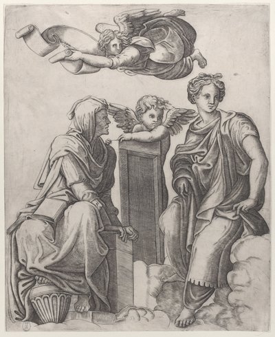 Dwie kobiece postacie siedzące w chmurach po bokach anioła i jedna przelatująca nad ..., ca. 1510-25. autorstwa Giovanni Antonio da Brescia