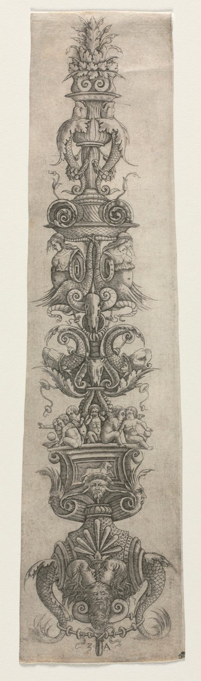 Pionowa arabeska z maskami, kupidynami i nereidami autorstwa Giovanni Antonio da Brescia