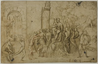 Akrobaci występujący przed linijką (recto); Scena plenerowa z grupą postaci (verso) autorstwa Giovanni Antonio da Pordenone